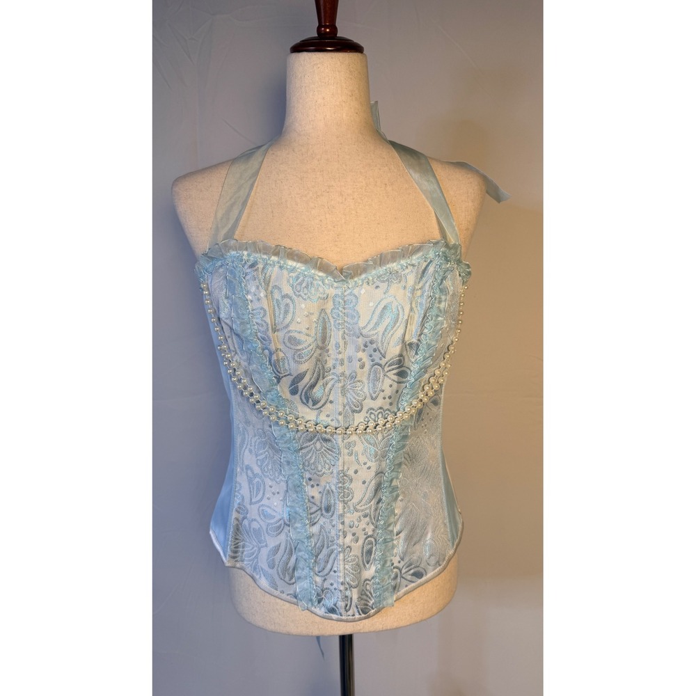 Light Blue Floral Jacquard Halter Corset Top Pearl Detail Fairy Coquette Cosplay